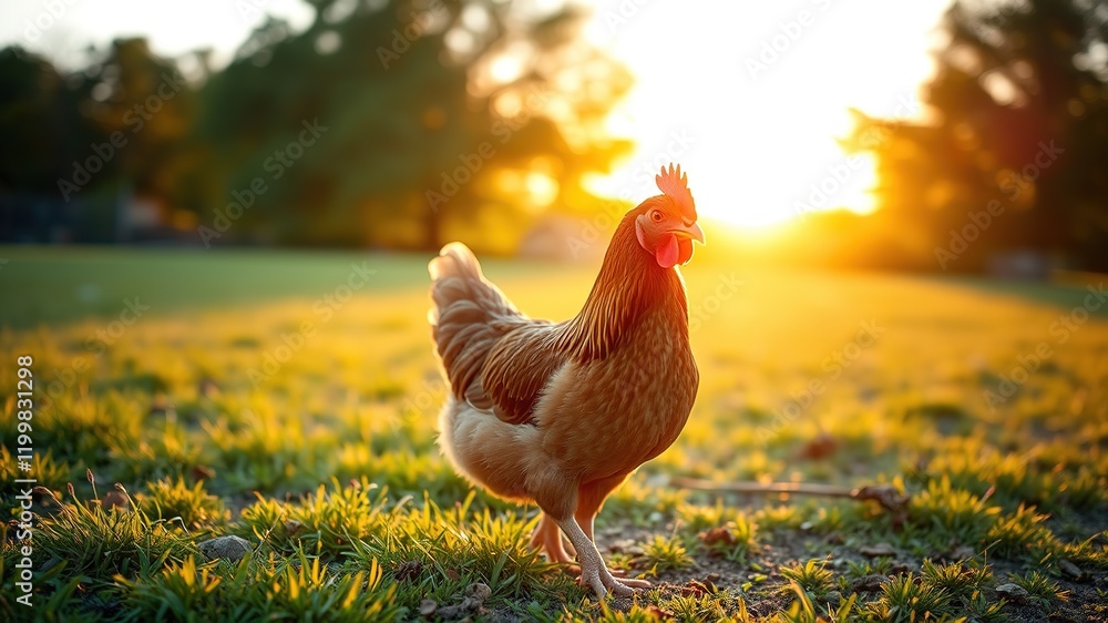Fototapeta premium Free-Range Brown Chicken on Farm at Sunset - Agriculture Nature Farm Scene