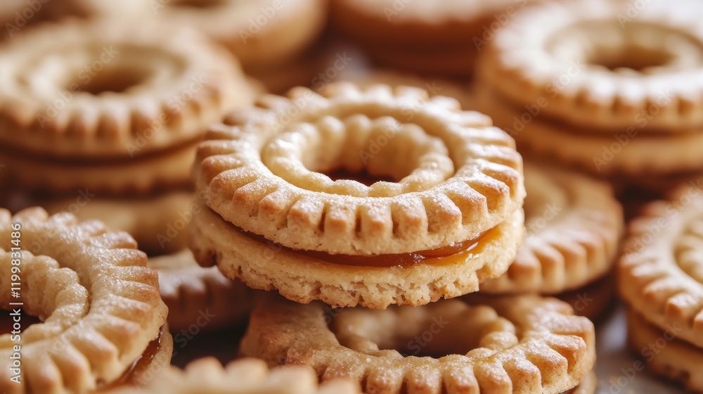 Close-up of vanilla jam-filled sandwich cookies stacked together Close-up of vanilla jam-filled sandwich cookies stacked together