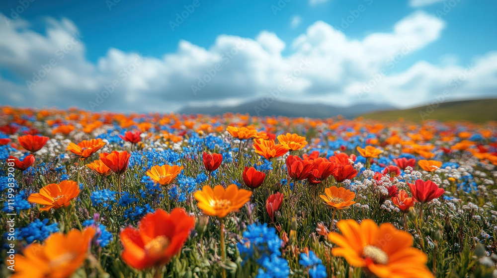 Obraz premium A meadow of vibrant wildflowers stretching endlessly under a bright spring sky