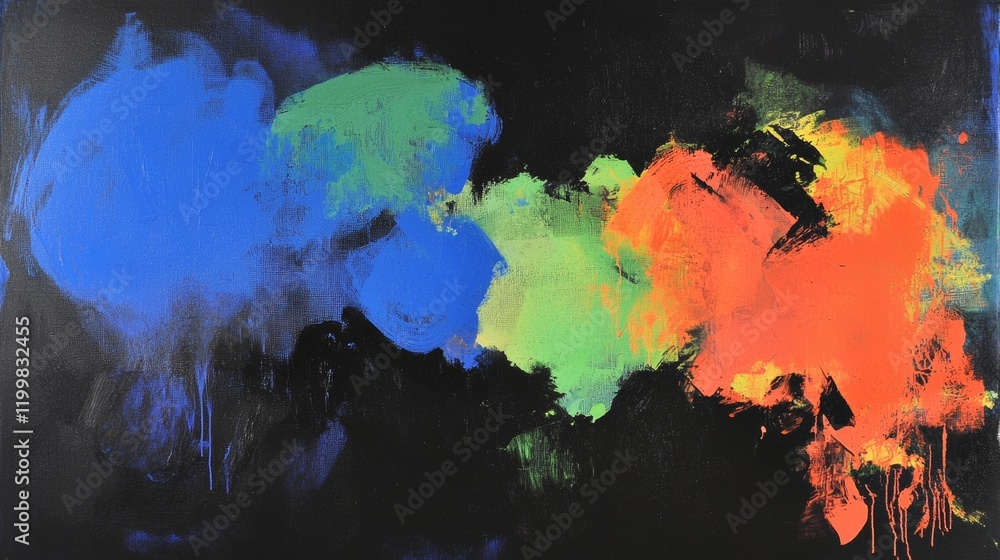 Vibrant abstract painting with bold colors and dynamic brush strokes on a black background Vibrant abstract painting with bold colors and dynamic brush strokes on a black background