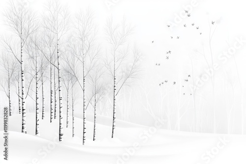Wallpaper Mural A simple line drawing of a snowy forest with bare trees, illustrated in soft gray tones on a white background Torontodigital.ca