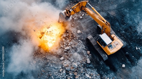 A powerful excavator works amidst a dramatic explosion on a rocky construction site, demonstrating strength and dynamic action, captured in captivating detail. photo