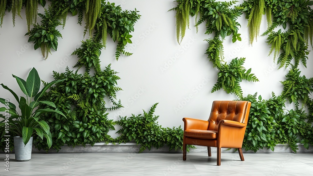 Obraz premium Green Plant Wall Leather Armchair Concrete Background
