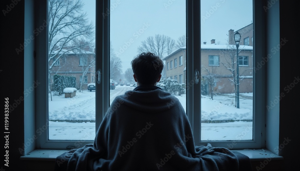 Young person sitting by a large window, wrapped in a blanket, looking at a snowy street
Young person sitting by a large window, wrapped in a blanket, looking at a snowy street