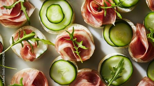 Modernist display of gourmet hors d'oeuvres in a perfect grid, featuring cucumber, microgreens, cured meats, and fine cheese.  photo