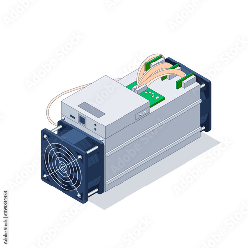 Bitcoin Miner. Bitcoin Mining Antminer isometric view. Cryptocurrency mining equipment and hardware isolated on white. Vector Illustration