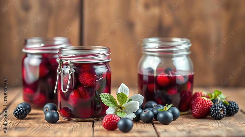 Homemade Berry Preserves Jars on Wood - Delicious & Bright Homemade Berry Preserves Jars on Wood - Delicious & Bright