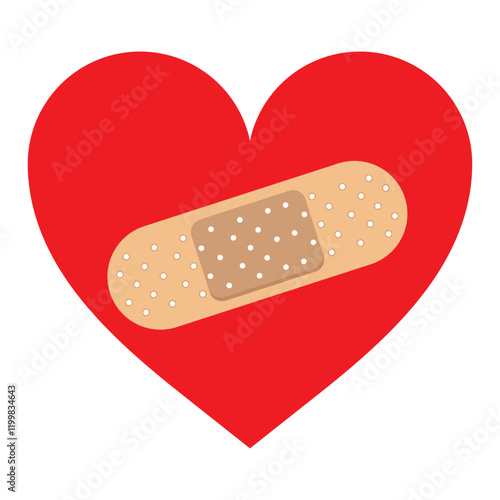 Red Heart fixed with a plaster patch, vector illustration icon or logo, fixed broken heart concept, breakup or divorce, heartbreak regret, separated couple, tragic love.