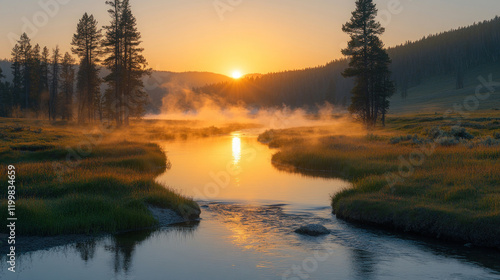 Yellowstone National Park Hayden Valley at sunrise, with mist rolling over the river and wildlife stirring photo