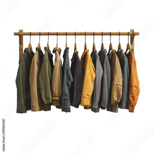 Variety of Fashionable Clothing Displayed on Hangers Isolated on transparent background