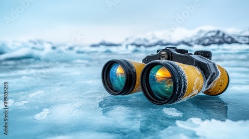 An orange-toned binoculars embodies the chill of a frosty, icy landscape, amidst striking glaciers, as it lies lightly dusted with snow crystals atop the ice. photo