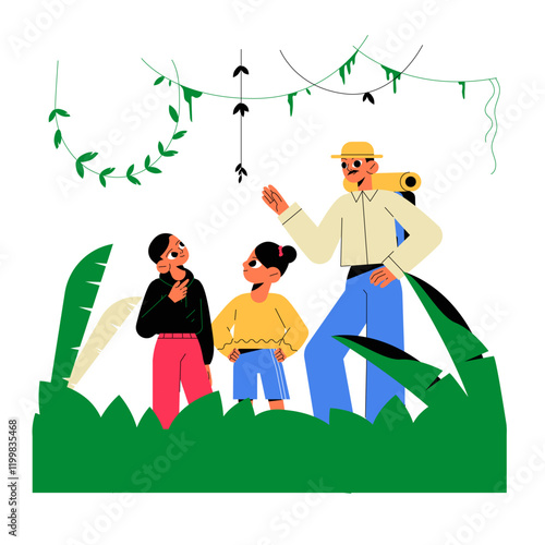 Explorer With Two Kids In Jungle In Flat Vector Illustration Symbolizing Exploration, Nature Education, And Outdoor Adventure, Isolated On White Background