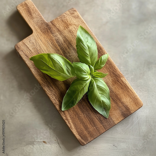 Fresh basil leaves arranged on a wooden chopping board, green and aromatic photo