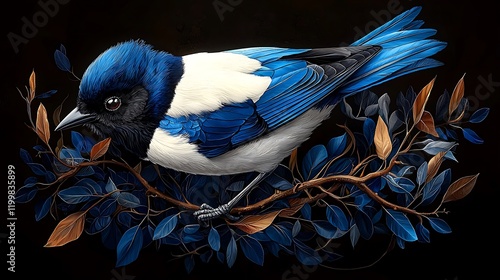 Blue bird perched on branch, dark background, nature illustration, wildlife art, website graphic photo