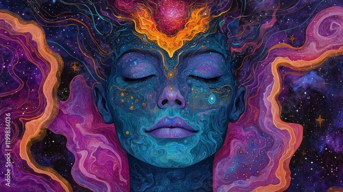 Mystical Woman Surrounded by Cosmic Swirls and Celestial Elements