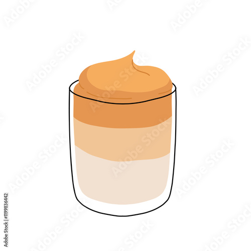 Dalgona Coffee Minimalist Vector Illustration. Glass of trending Korean whipped latte in muted pastel colors palette isolated on white background