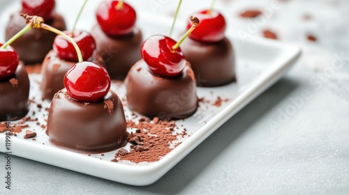 Delicious looking chocolate-dipped desserts are beautifully adorned with bright red cherries, elegantly presented on a white plate, tempting to all who see. photo