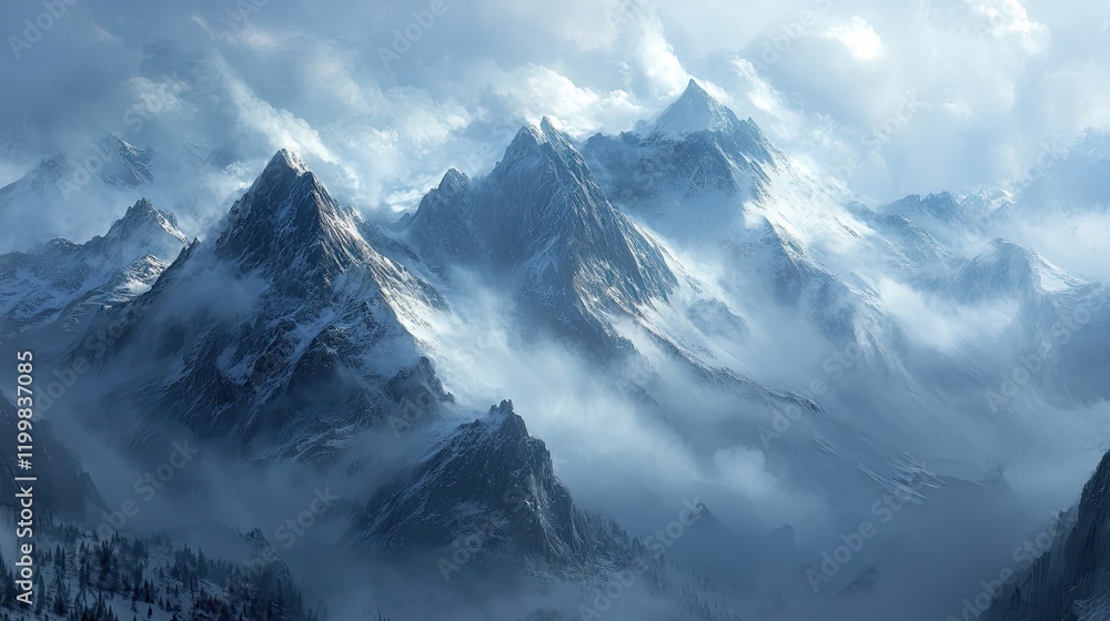Obraz premium Majestic Snow Capped Mountains Enveloped In Mist