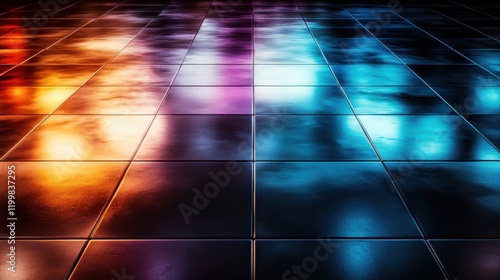 A dark, reflective floor casts colorful reflections of ambient light, creating a surreal, atmospheric scene with a dramatic, artistic flair for visual intrigue.