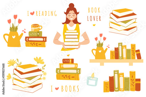 Cute book lover set of vector elements isolated on white background - stack of books with flowers and coffee mug, young girl in glasses holding books. Book lovers day concept. Flat cartoon style