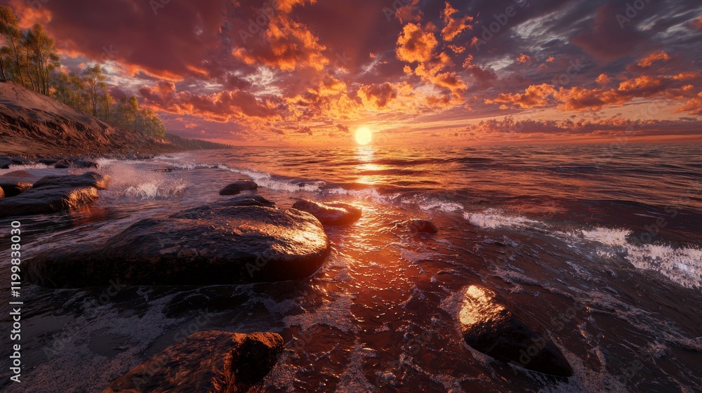 Beautiful sunset over ocean waves reflecting vibrant colors on rocky shore Beautiful sunset over ocean waves reflecting vibrant colors on rocky shore