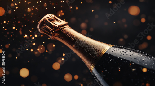 Elegant banner featuring champagne bottle with flying cork and sparkling bokeh on a black background. photo