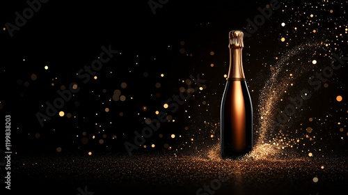 Elegant banner featuring champagne bottle with flying cork and sparkling bokeh on a black background. photo