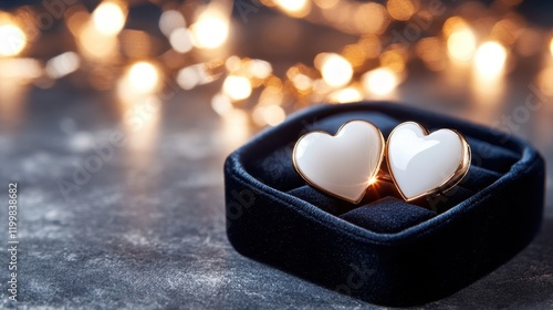 These beautiful white heart-shaped earrings, set against a rich blue background, are highlighted by sparkling golden bokeh lights, conveying elegance and love. photo