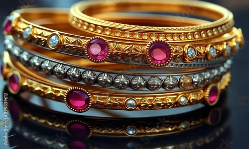 A close-up of ornate bangles featuring gold, silver, and colorful gemstones.