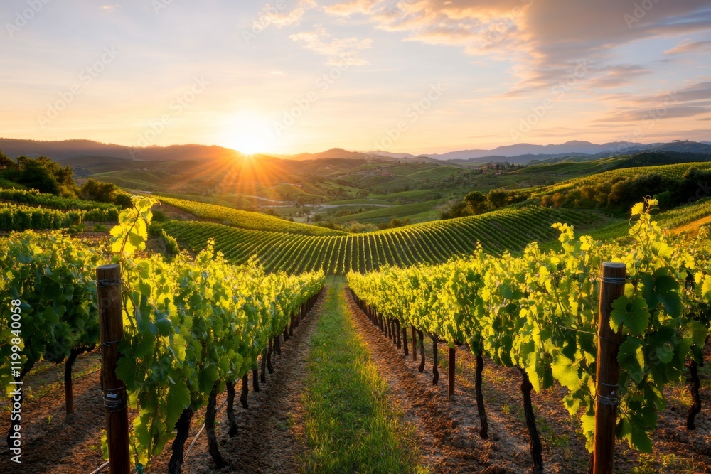 Fototapeta premium A vineyard at sunset, with rows of grapevines stretching into the horizon under a warm, golden sky