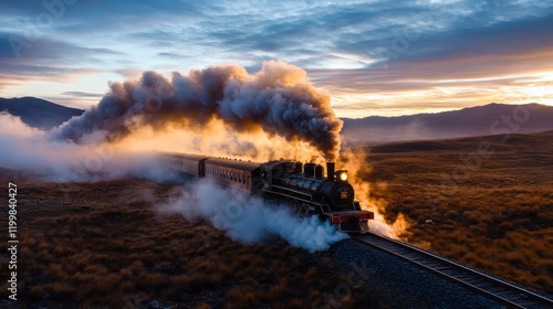 A vintage steam engine moves through golden grasslands under a stunning sunset sky, reflecting nostalgia and timeless elegance of past railway explorations. photo