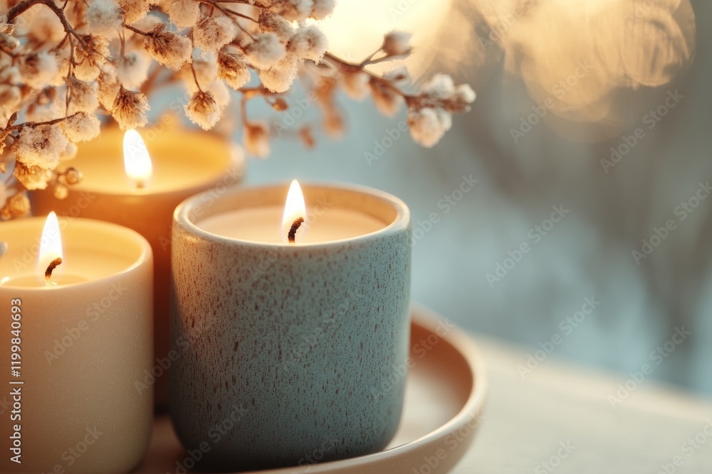 Candles illuminating a cozy setting with dried flowers in a soft evening light near a window Candles illuminating a cozy setting with dried flowers in a soft evening light near a window