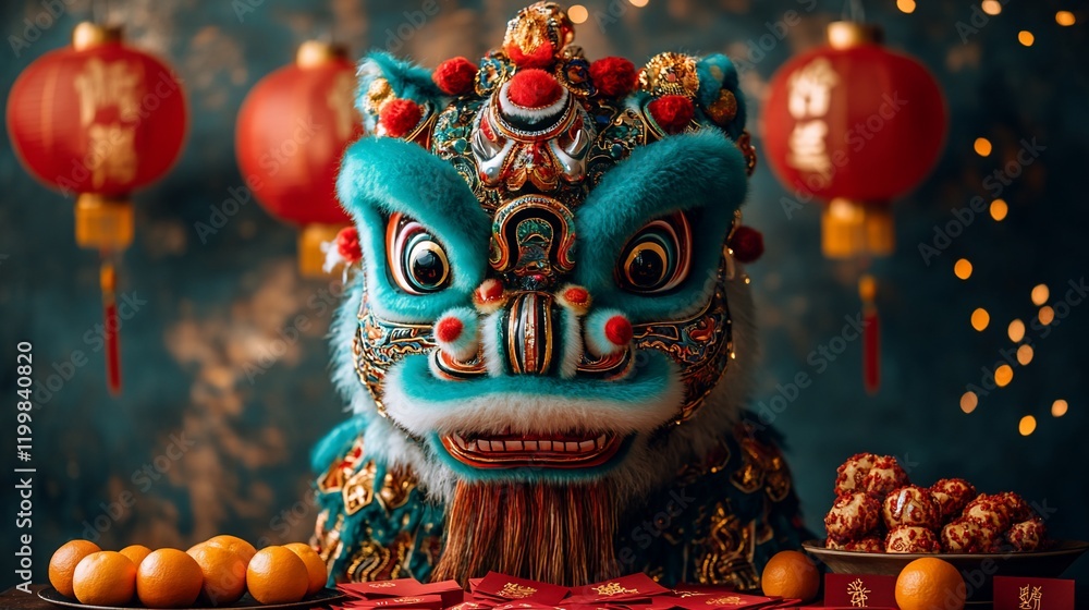 Fototapeta premium Teal lion dance costume with red lanterns and mandarin oranges.