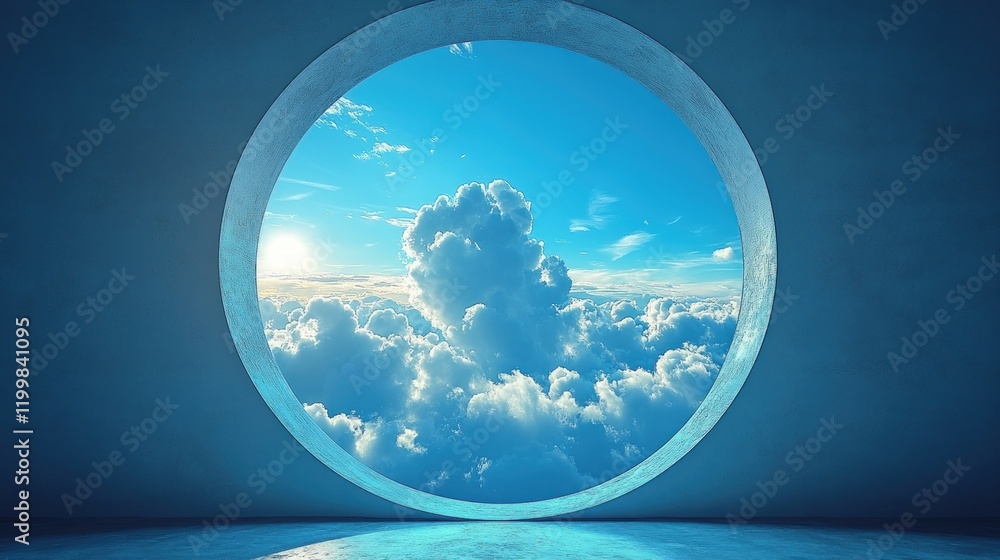 Circular window, cloudscape, bright blue sky. Circular window, cloudscape, bright blue sky.
