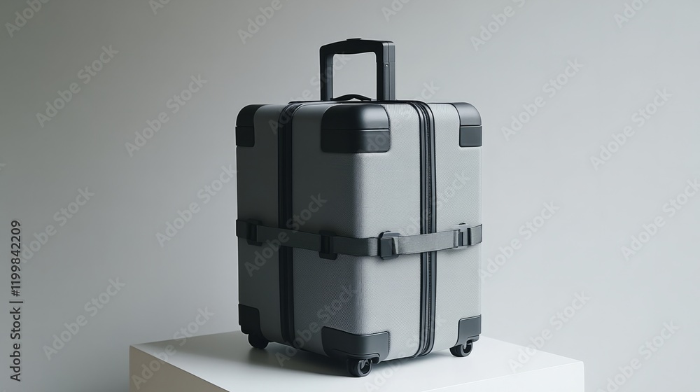 A dual-compartment gray suitcase with expandable features, placed on a minimalist white surface A dual-compartment gray suitcase with expandable features, placed on a minimalist white surface