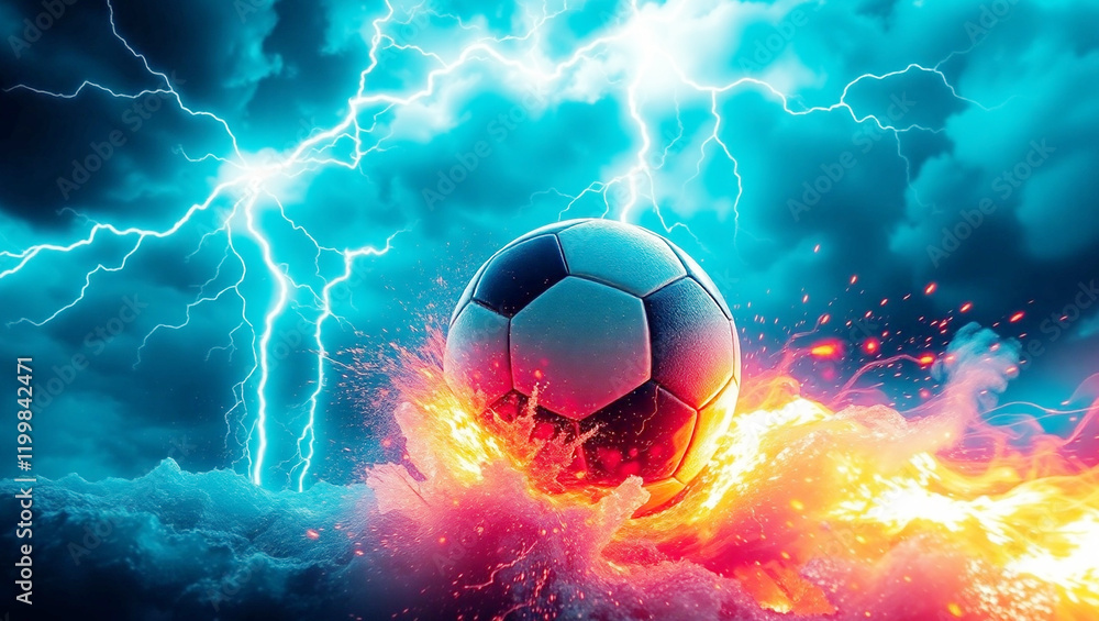 Fototapeta premium Flying soccer ball with cosmic storm, lightning, fire and ice, dramatic sky and dark football stadium background. Generative AI