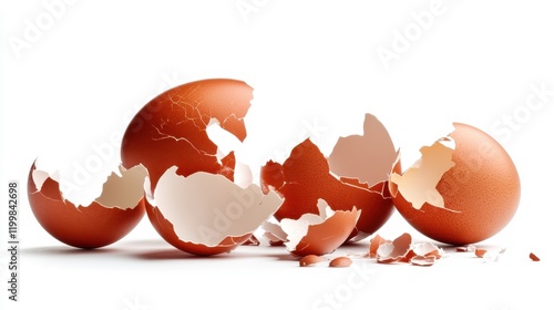 This image showcases several brown eggshells cracked and spread across a white background. The arrangement highlights the contrast between the shells and surface. photo