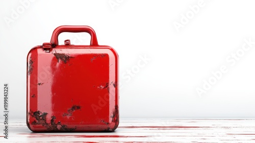 A side view of a vintage red toolbox with visible wear, resting on a rustic wooden floor, evoking a sense of nostalgia and durable craftsmanship. photo