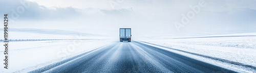 Transport truck driving on icy road in winter landscape cold environment photo