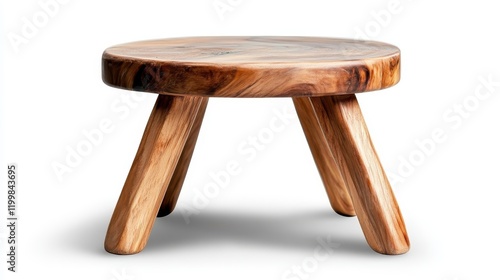 A simple, round wooden stool with three sturdy legs, showcasing a natural wood grain finish, ideal for rustic and minimalist interior decor styles. photo