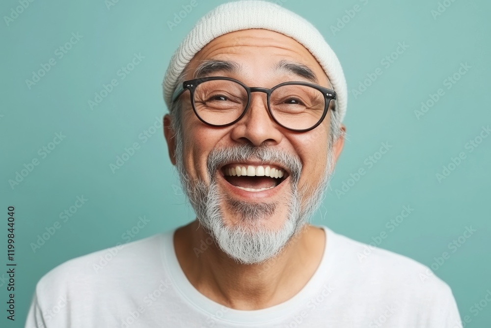 Joyful elderly man smiling broadly against a pastel background while wearing glasses and a knit beanie Joyful elderly man smiling broadly against a pastel background while wearing glasses and a knit beanie