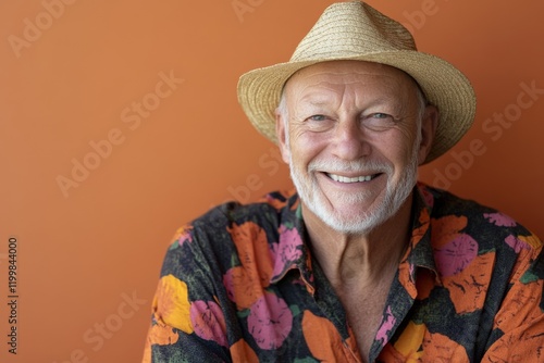 Joyful elderly man with a straw hat and colorful shirt smiles against a vibrant orange wall photo