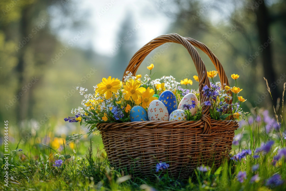 Easter basket with eggs and flowers on a rustic wooden table, sunlight streaming through window, creating a warm and inviting setting. Easter basket with eggs and flowers on a rustic wooden table, sunlight streaming through window, creating a warm and inviting setting.