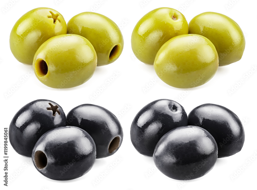 Green and black pitted olive groups isolated on white background. File contains clipping paths. Green and black pitted olive groups isolated on white background. File contains clipping paths.
