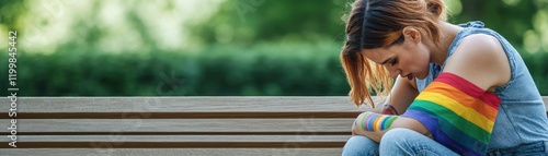 A young individual reflects with a rainbow wristband, symbolizing pride and identity in a serene outdoor setting. photo