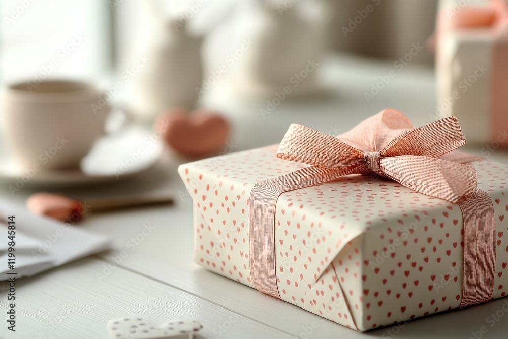 Wrapped gift with pink bow on table amidst decorative items in a cozy setting Wrapped gift with pink bow on table amidst decorative items in a cozy setting