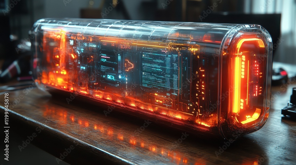 A futuristic, transparent device with glowing elements and digital interfaces.