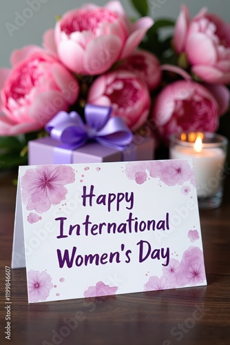A charming handwritten note that says "International Women's Day" is placed on a dark wooden surface. Behind it, a lush bouquet of purple peonies brings a sense of romance and prosperity
