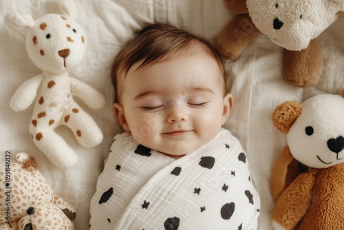 A baby swaddled in a soft muslin wrap, lying on a cozy bed with stuffed toys nearby photo