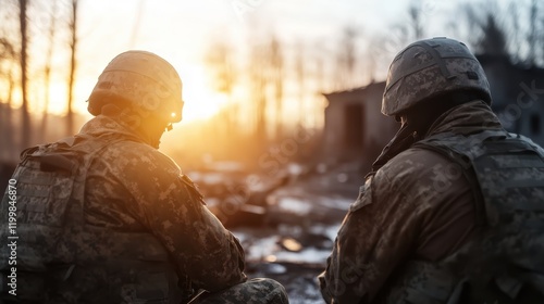 Two soldiers sit in a war-torn landscape at sunrise, symbolizing resilience and camaraderie amid chaos and destruction, capturing a moment of reflection and hope. photo